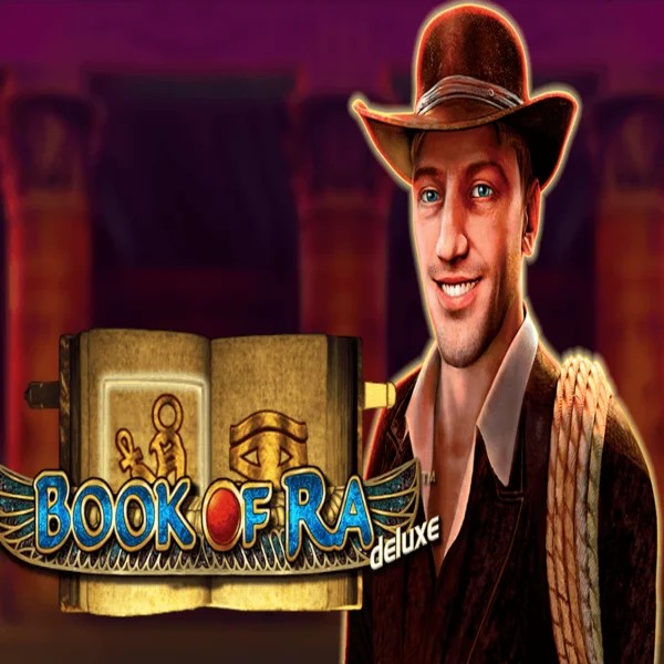 Book of Ra Deluxe slot logo by Novomatic at Robocat Casino