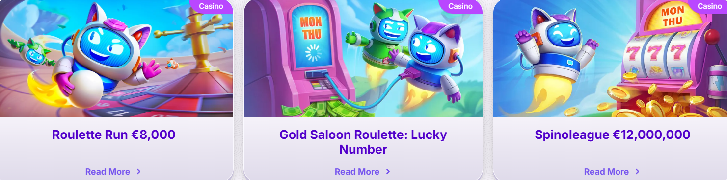Casino promo cards featuring RoboCat-themed events, including Roulette Run with an €8,000 prize, Gold Saloon Roulette: Lucky Number, and Spinoleague with a €12,000,000 prize pool.