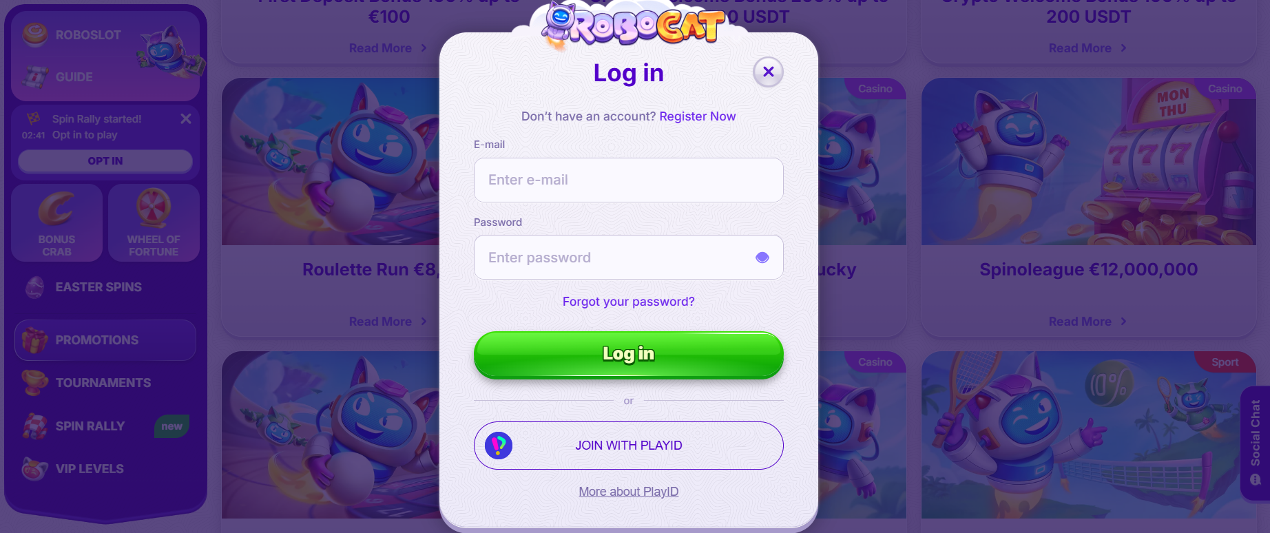 Login popup for RoboCat casino with email and password fields, a green “Log in” button, a PlayID sign-in option, and a blurred promotions page with bonus cards in the background.