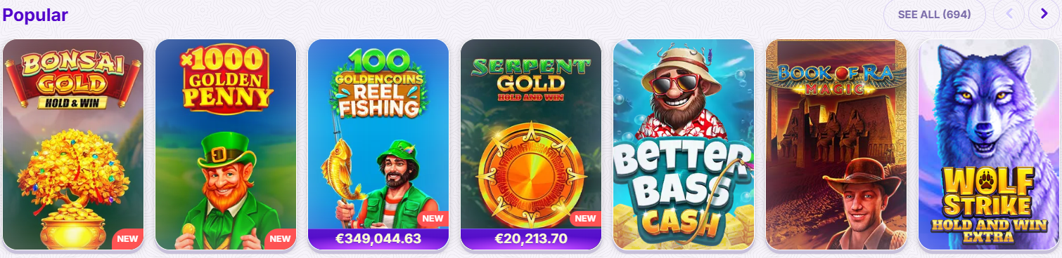 “Popular” casino games section showing a horizontal carousel of slot titles, including Bonsai Gold, 1000 Golden Penny, 100 Golden Coins Reel Fishing, Serpent Gold, Better Bass Cash, Book of Ra Magic, and Wolf Strike, with some marked as “NEW” and others displaying jackpot amounts.